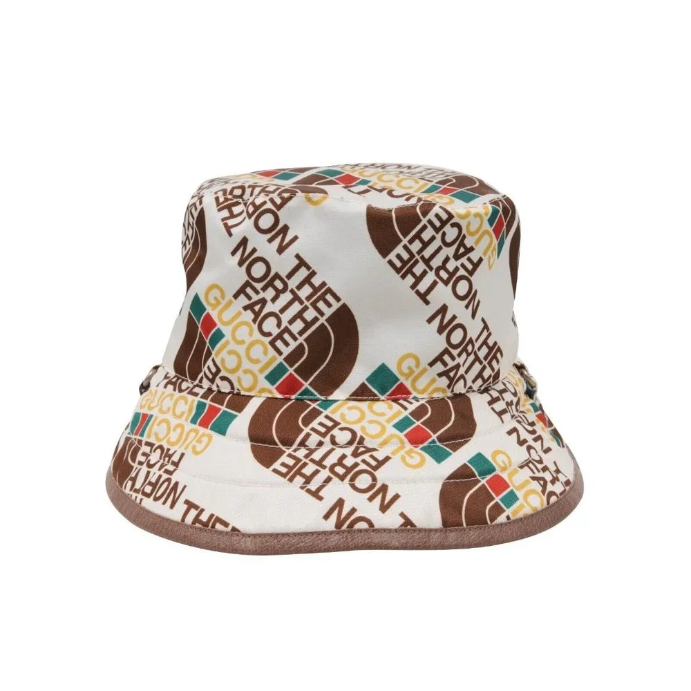 Gucci Mens The North Face All Over Logo Bucket Hat White Brown Nylon Adjustable - Picture 5 of 9